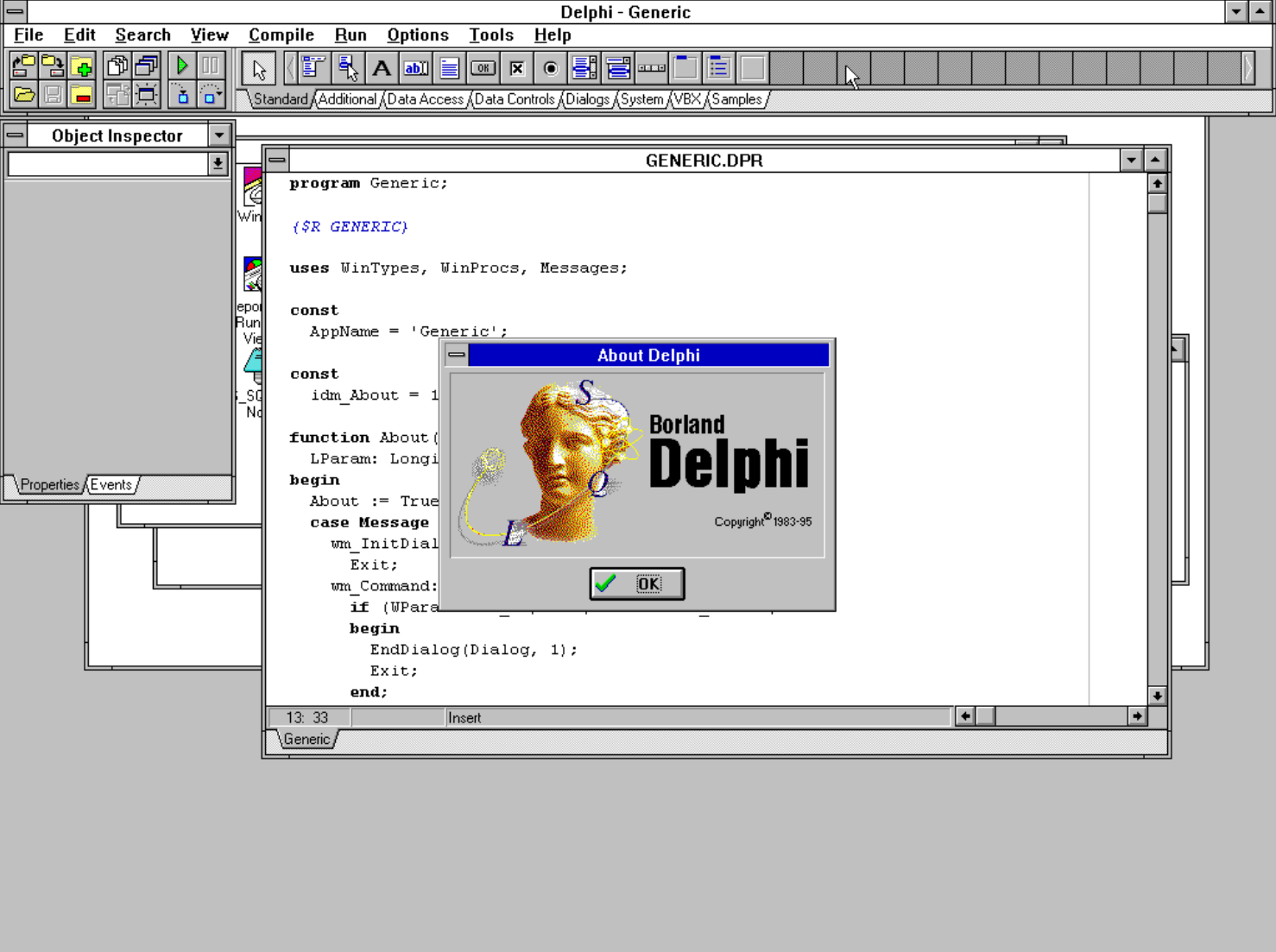 Windows 3.11, with a Borland Delphi window open