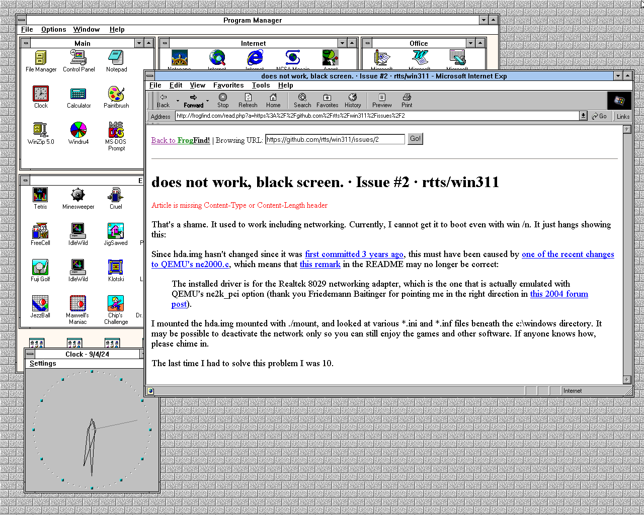 Windows 3.11, at 1280x1024, running Internet Explorer 5, looking at a GitHub issue